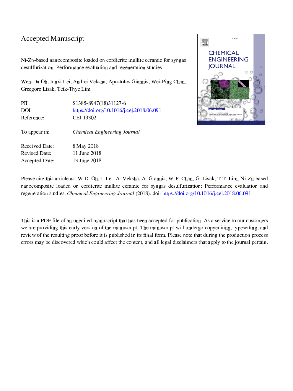 Ni-Zn-based nanocomposite loaded on cordierite mullite ceramic for syngas desulfurization: Performance evaluation and regeneration studies