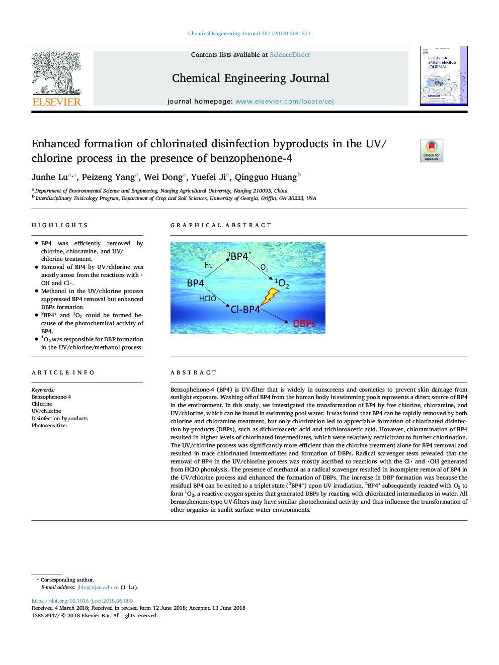 Enhanced formation of chlorinated disinfection byproducts in the UV/chlorine process in the presence of benzophenone-4