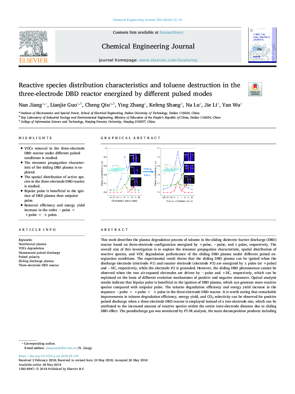 Reactive species distribution characteristics and toluene destruction in the three-electrode DBD reactor energized by different pulsed modes