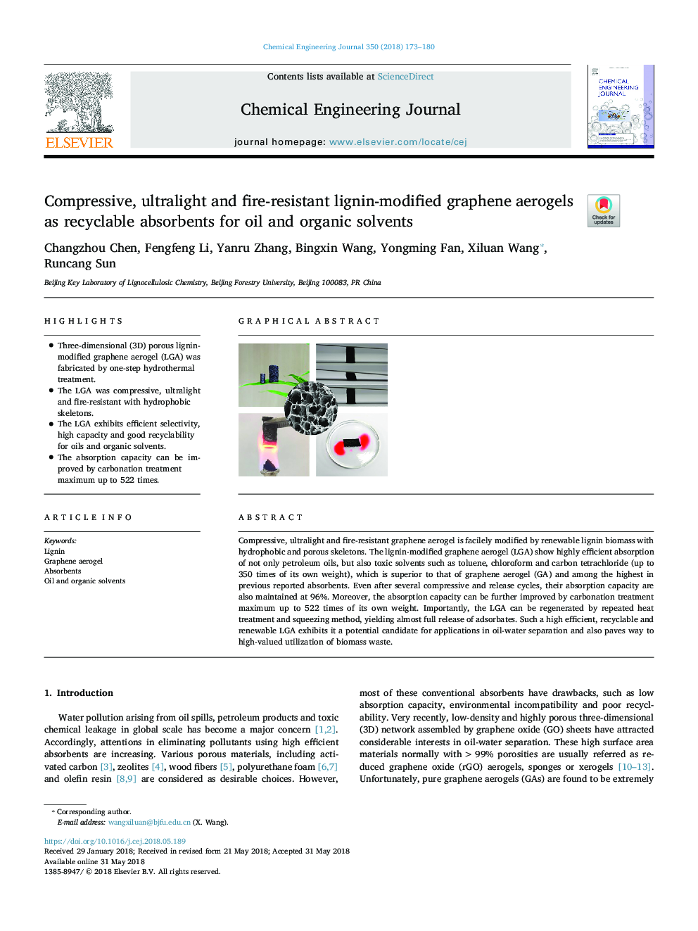 Compressive, ultralight and fire-resistant lignin-modified graphene aerogels as recyclable absorbents for oil and organic solvents