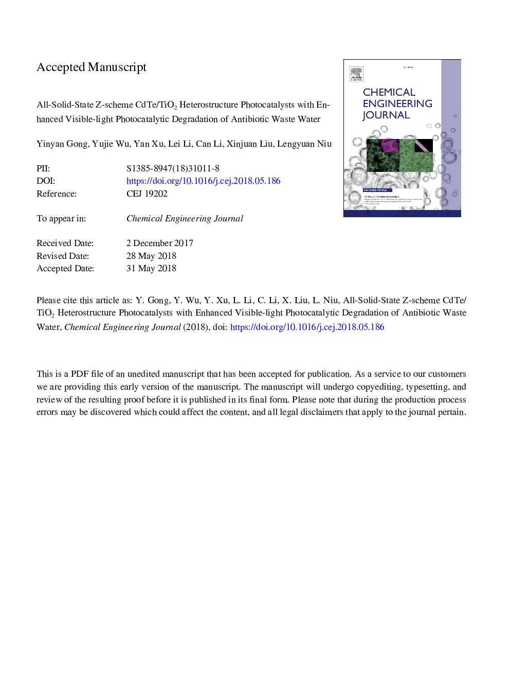 All-solid-state Z-scheme CdTe/TiO2 heterostructure photocatalysts with enhanced visible-light photocatalytic degradation of antibiotic waste water