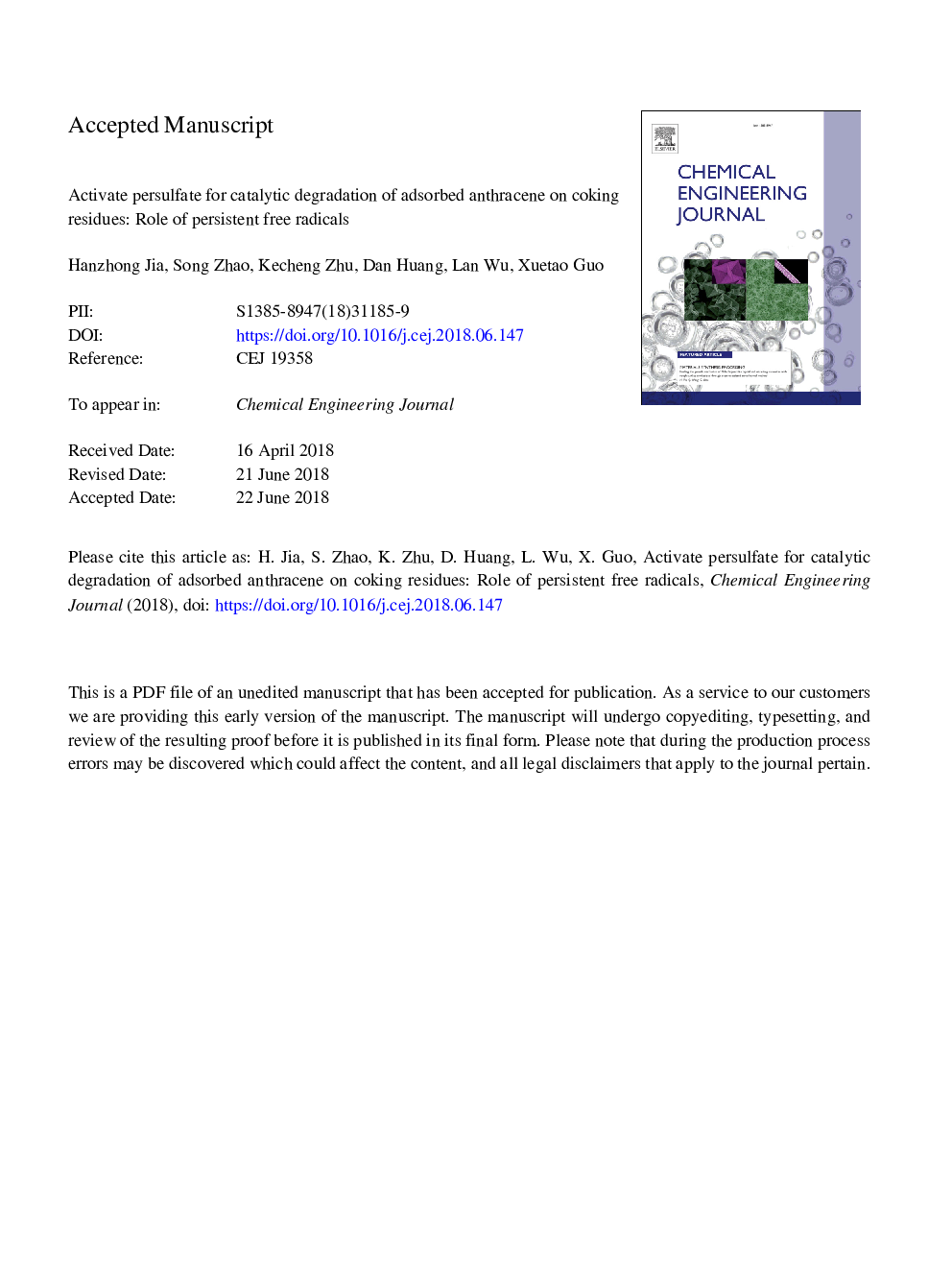 Activate persulfate for catalytic degradation of adsorbed anthracene on coking residues: Role of persistent free radicals