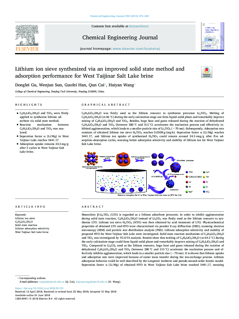 Lithium ion sieve synthesized via an improved solid state method and adsorption performance for West Taijinar Salt Lake brine