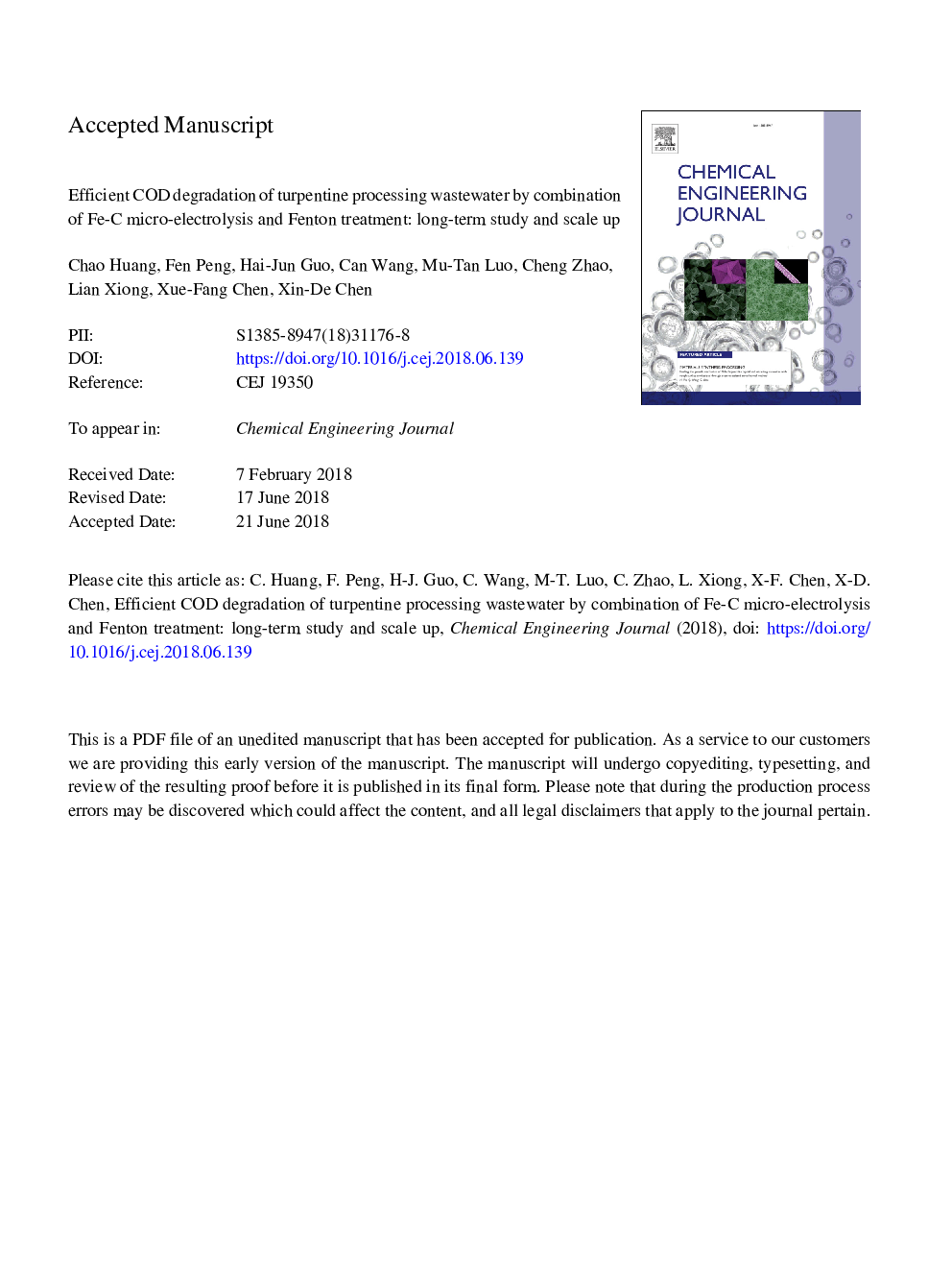 Efficient COD degradation of turpentine processing wastewater by combination of Fe-C micro-electrolysis and Fenton treatment: Long-term study and scale up