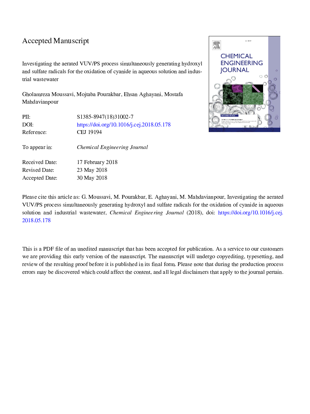 Investigating the aerated VUV/PS process simultaneously generating hydroxyl and sulfate radicals for the oxidation of cyanide in aqueous solution and industrial wastewater