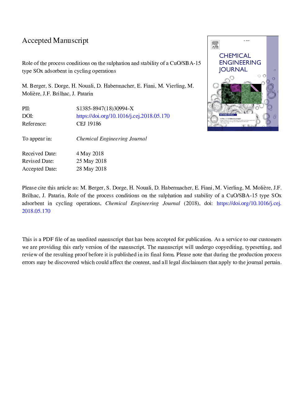 Role of the process conditions on the sulphation and stability of a CuO/SBA-15 type SOx adsorbent in cycling operations