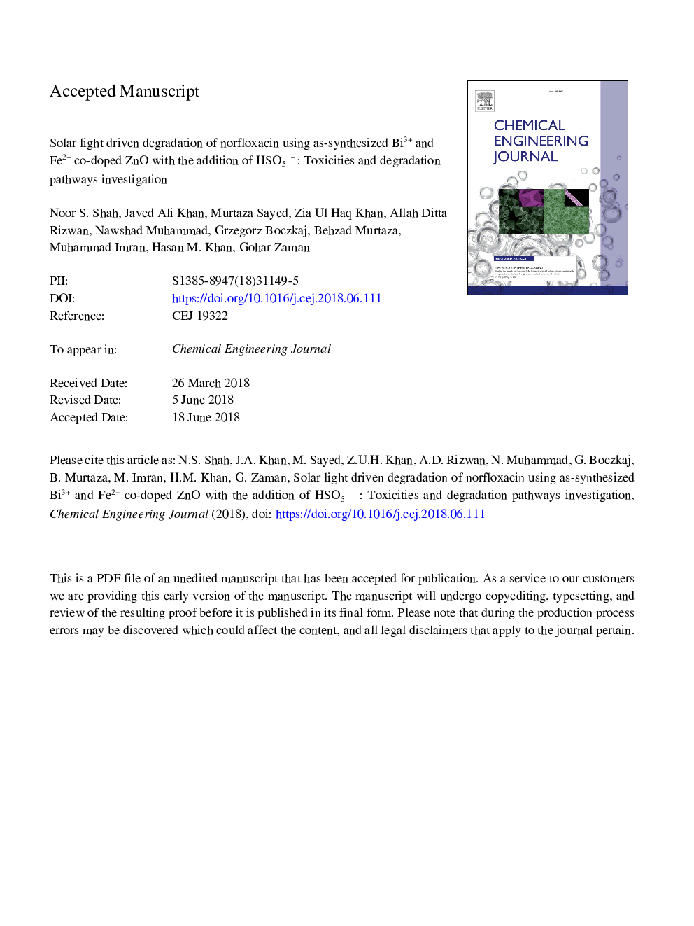 Solar light driven degradation of norfloxacin using as-synthesized Bi3+ and Fe2+ co-doped ZnO with the addition of HSO5â: Toxicities and degradation pathways investigation