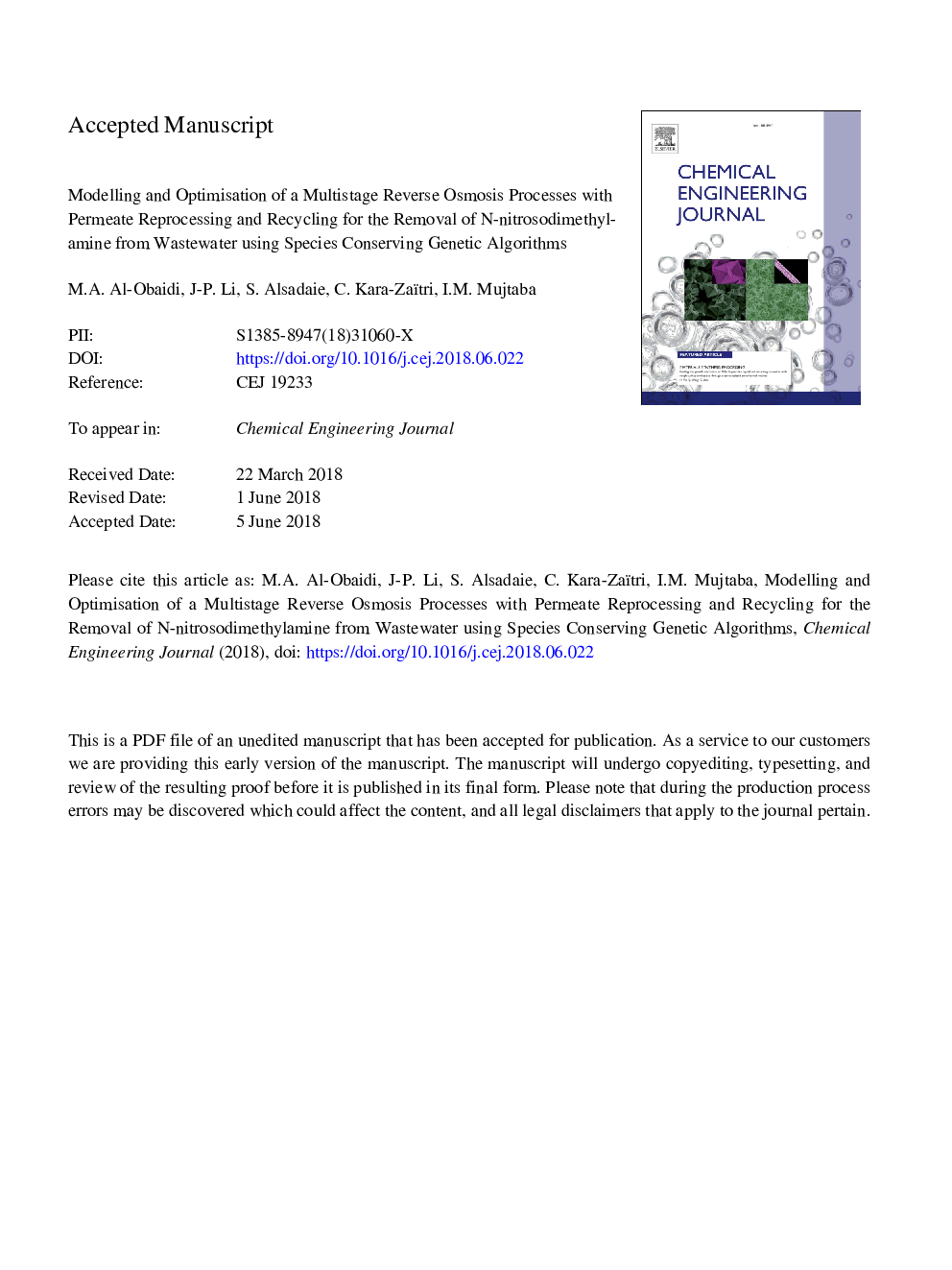 Modelling and optimisation of a multistage Reverse Osmosis processes with permeate reprocessing and recycling for the removal of N-nitrosodimethylamine from wastewater using Species Conserving Genetic Algorithms