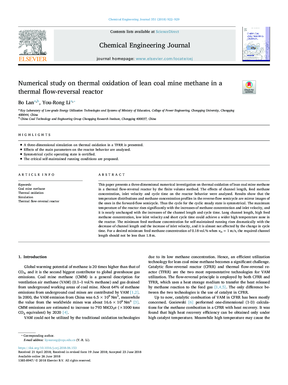 Numerical study on thermal oxidation of lean coal mine methane in a thermal flow-reversal reactor