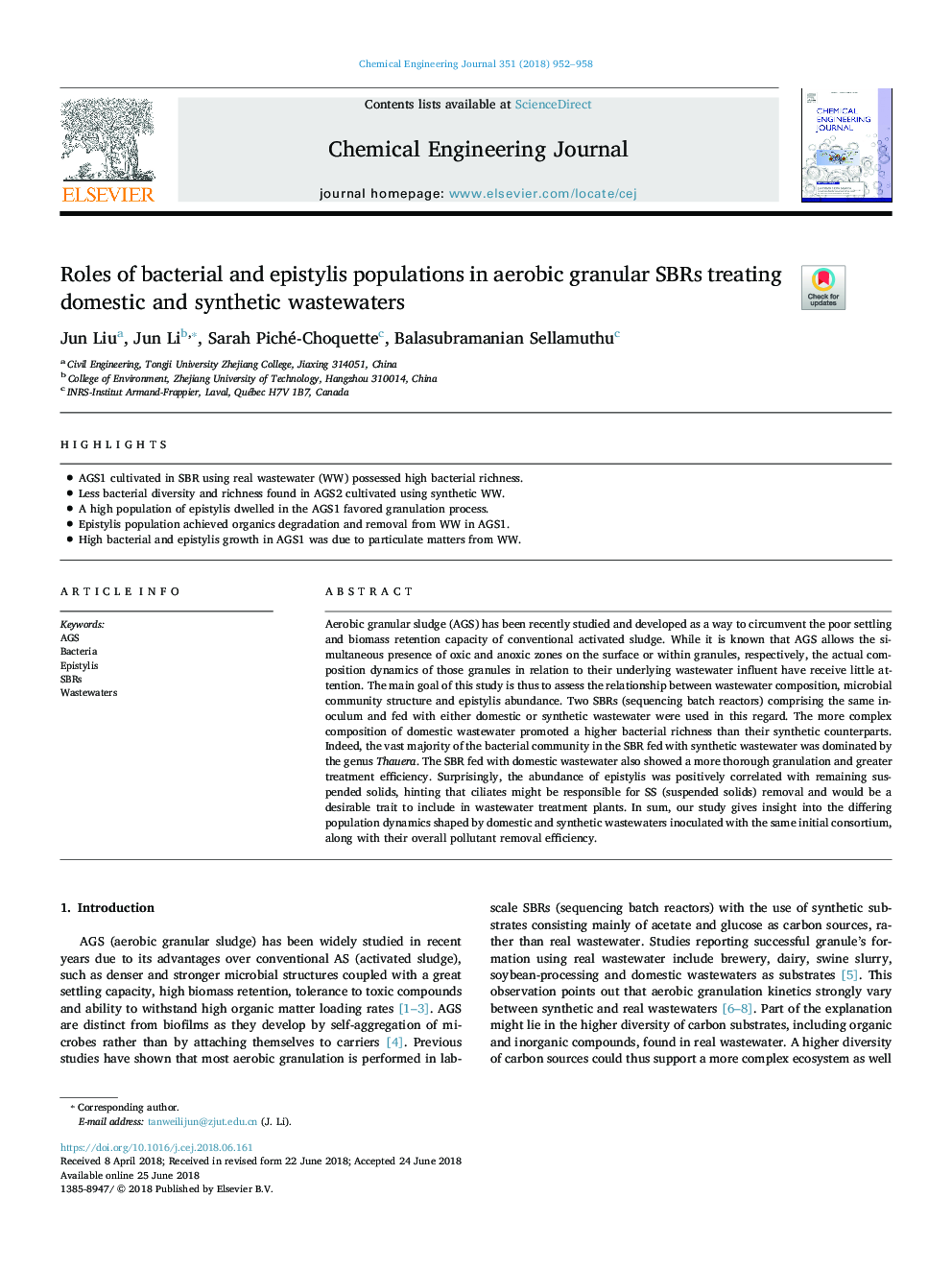 Roles of bacterial and epistylis populations in aerobic granular SBRs treating domestic and synthetic wastewaters