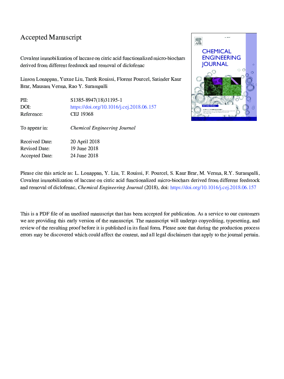 Covalent immobilization of laccase on citric acid functionalized micro-biochars derived from different feedstock and removal of diclofenac