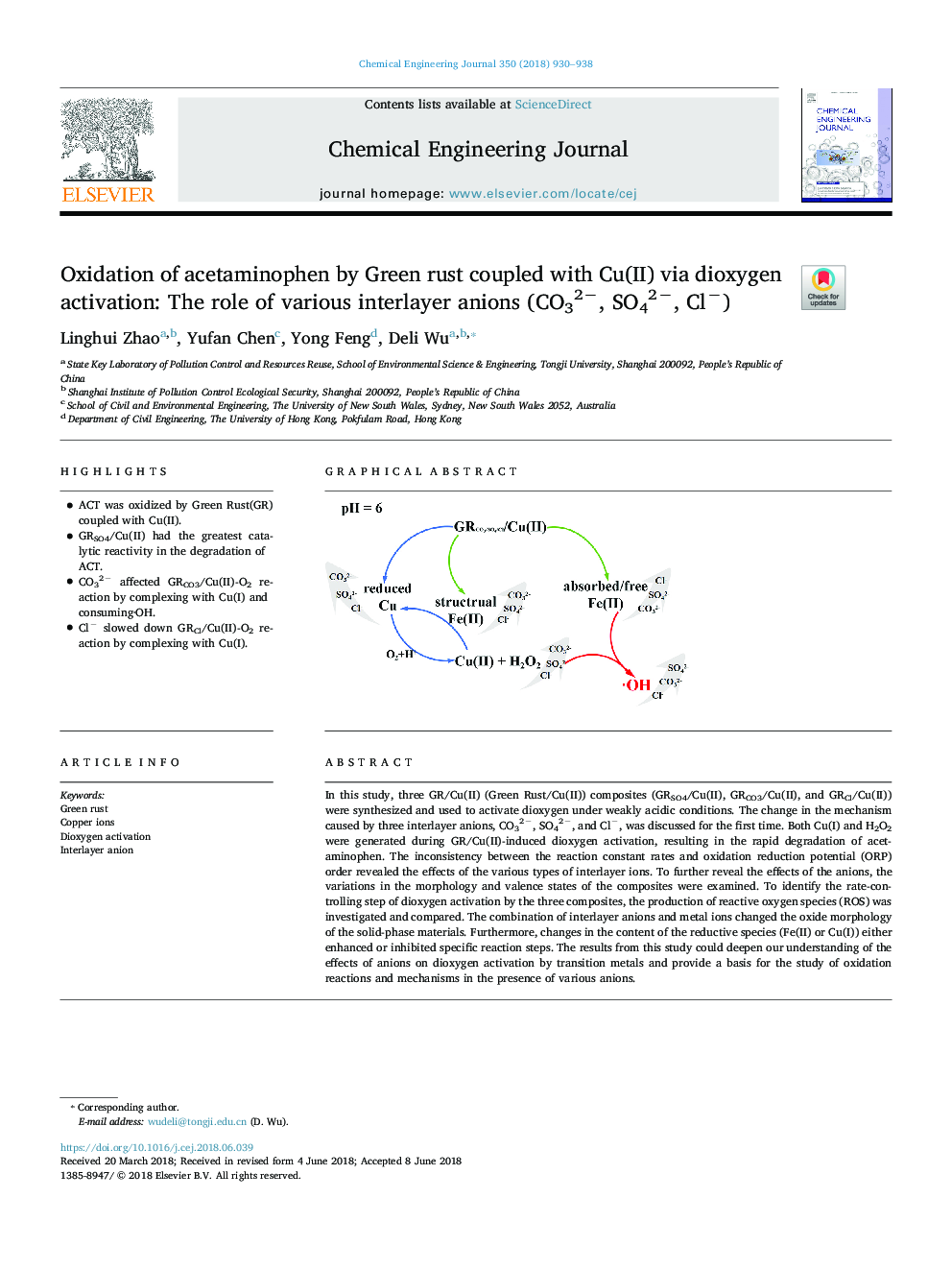 Oxidation of acetaminophen by Green rust coupled with Cu(II) via dioxygen activation: The role of various interlayer anions (CO32â, SO42â, Clâ)