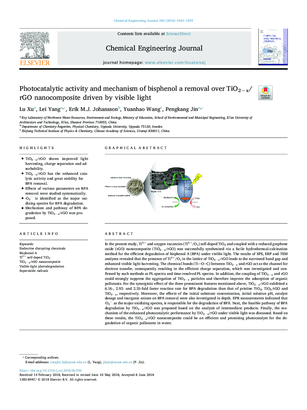 Photocatalytic activity and mechanism of bisphenol a removal over TiO2âx/rGO nanocomposite driven by visible light