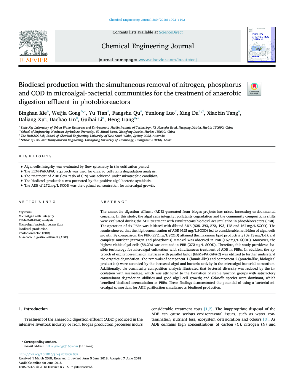 Biodiesel production with the simultaneous removal of nitrogen, phosphorus and COD in microalgal-bacterial communities for the treatment of anaerobic digestion effluent in photobioreactors