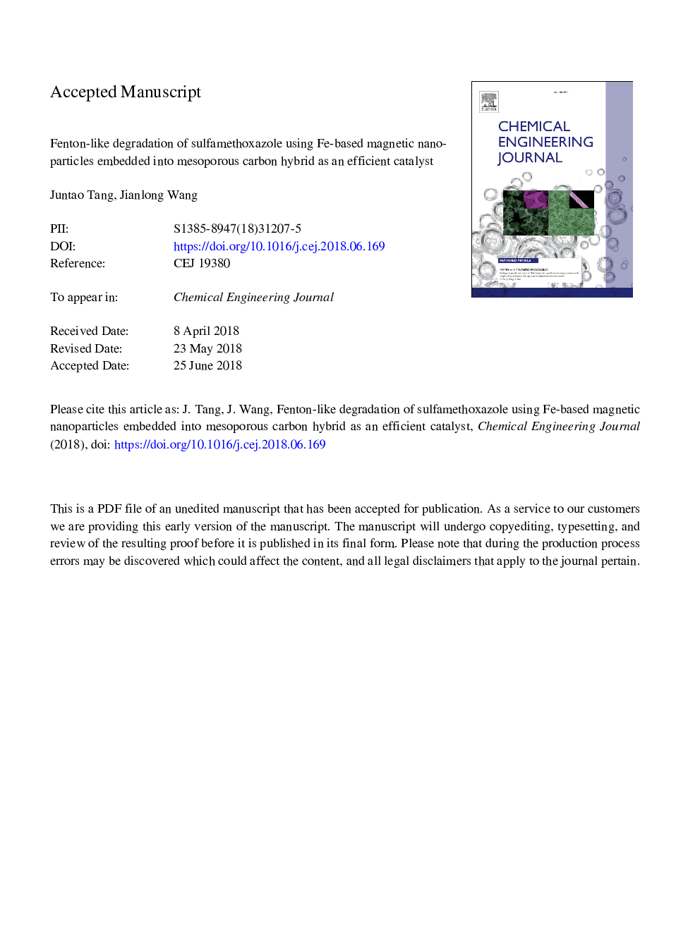 Fenton-like degradation of sulfamethoxazole using Fe-based magnetic nanoparticles embedded into mesoporous carbon hybrid as an efficient catalyst