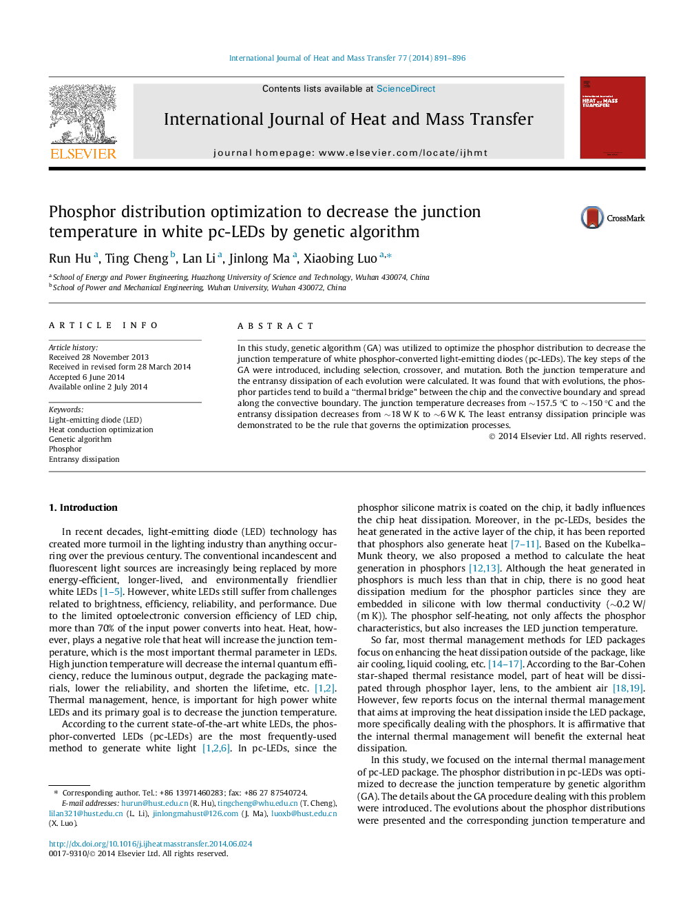 Phosphor distribution optimization to decrease the junction temperature in white pc-LEDs by genetic algorithm