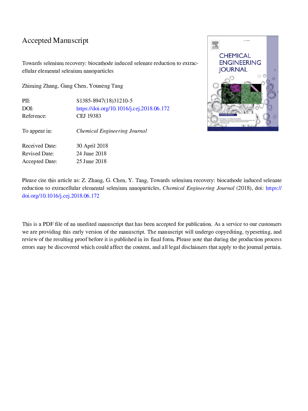 Towards selenium recovery: Biocathode induced selenate reduction to extracellular elemental selenium nanoparticles