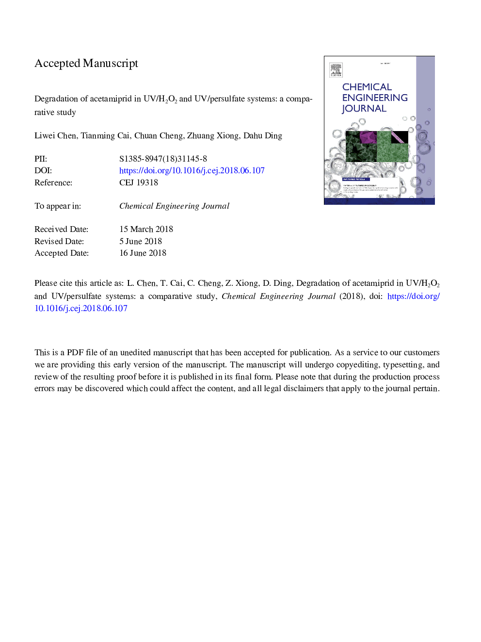 Degradation of acetamiprid in UV/H2O2 and UV/persulfate systems: A comparative study