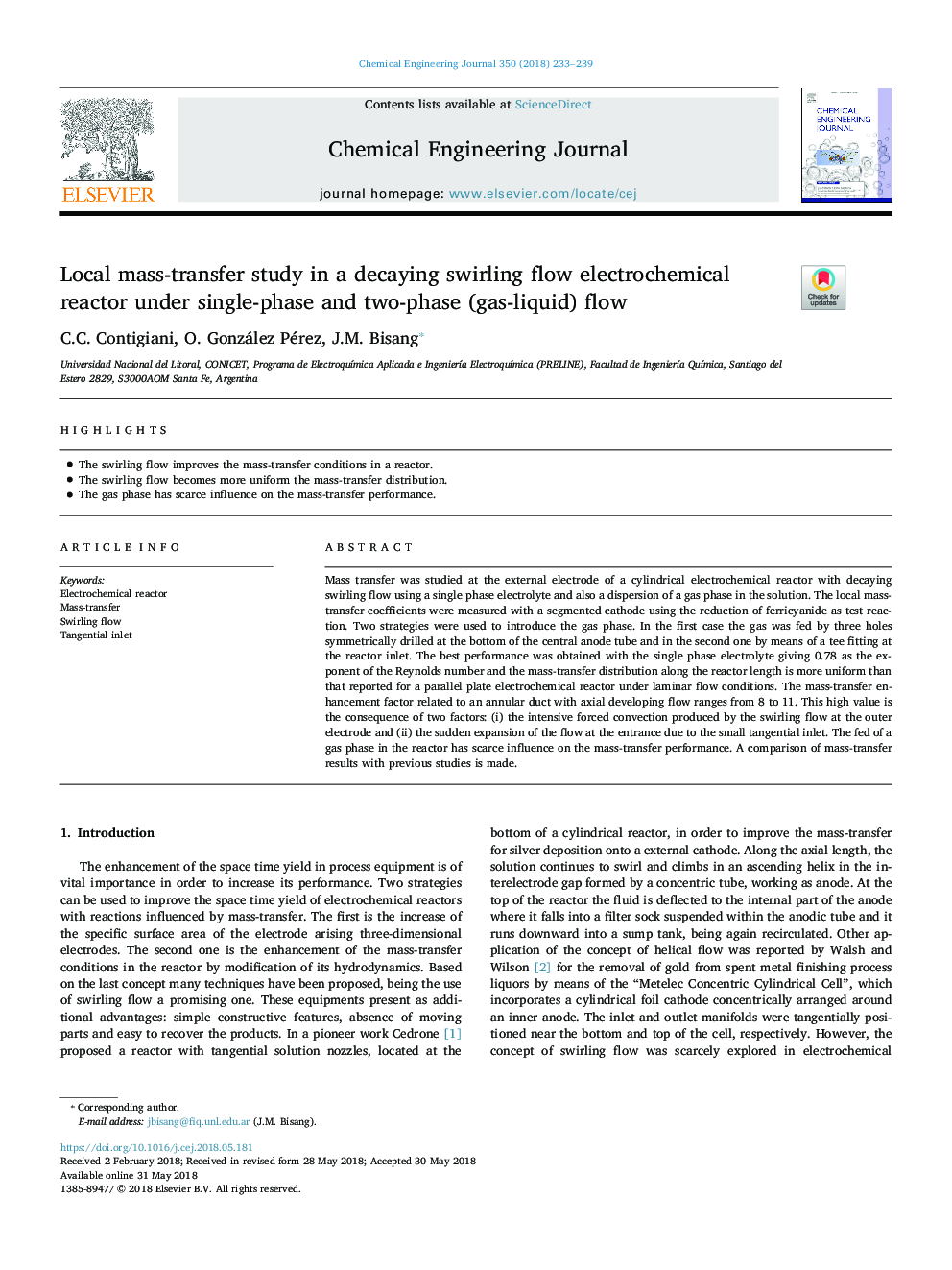 Local mass-transfer study in a decaying swirling flow electrochemical reactor under single-phase and two-phase (gas-liquid) flow