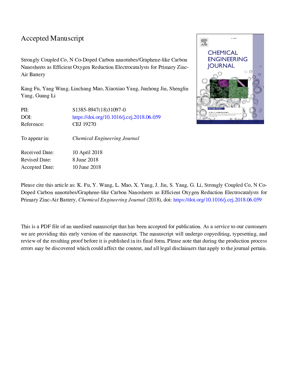 Strongly coupled Co, N co-doped carbon nanotubes/graphene-like carbon nanosheets as efficient oxygen reduction electrocatalysts for primary Zinc-air battery