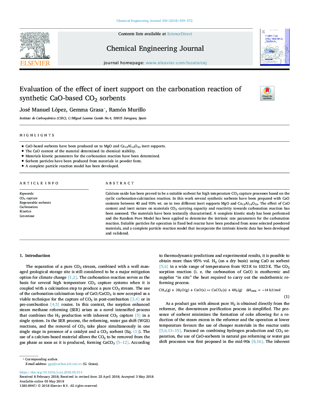 Evaluation of the effect of inert support on the carbonation reaction of synthetic CaO-based CO2 sorbents