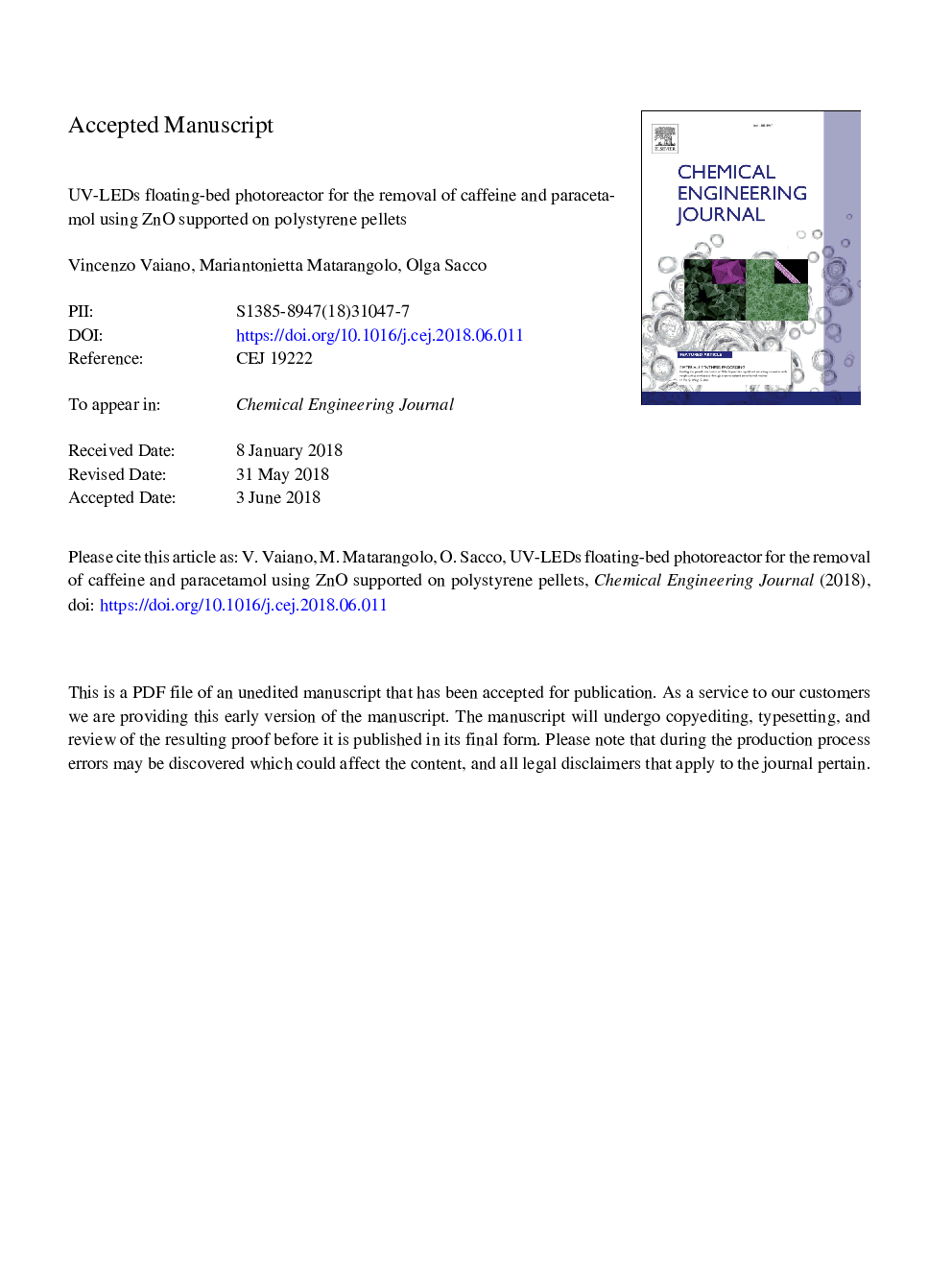 UV-LEDs floating-bed photoreactor for the removal of caffeine and paracetamol using ZnO supported on polystyrene pellets