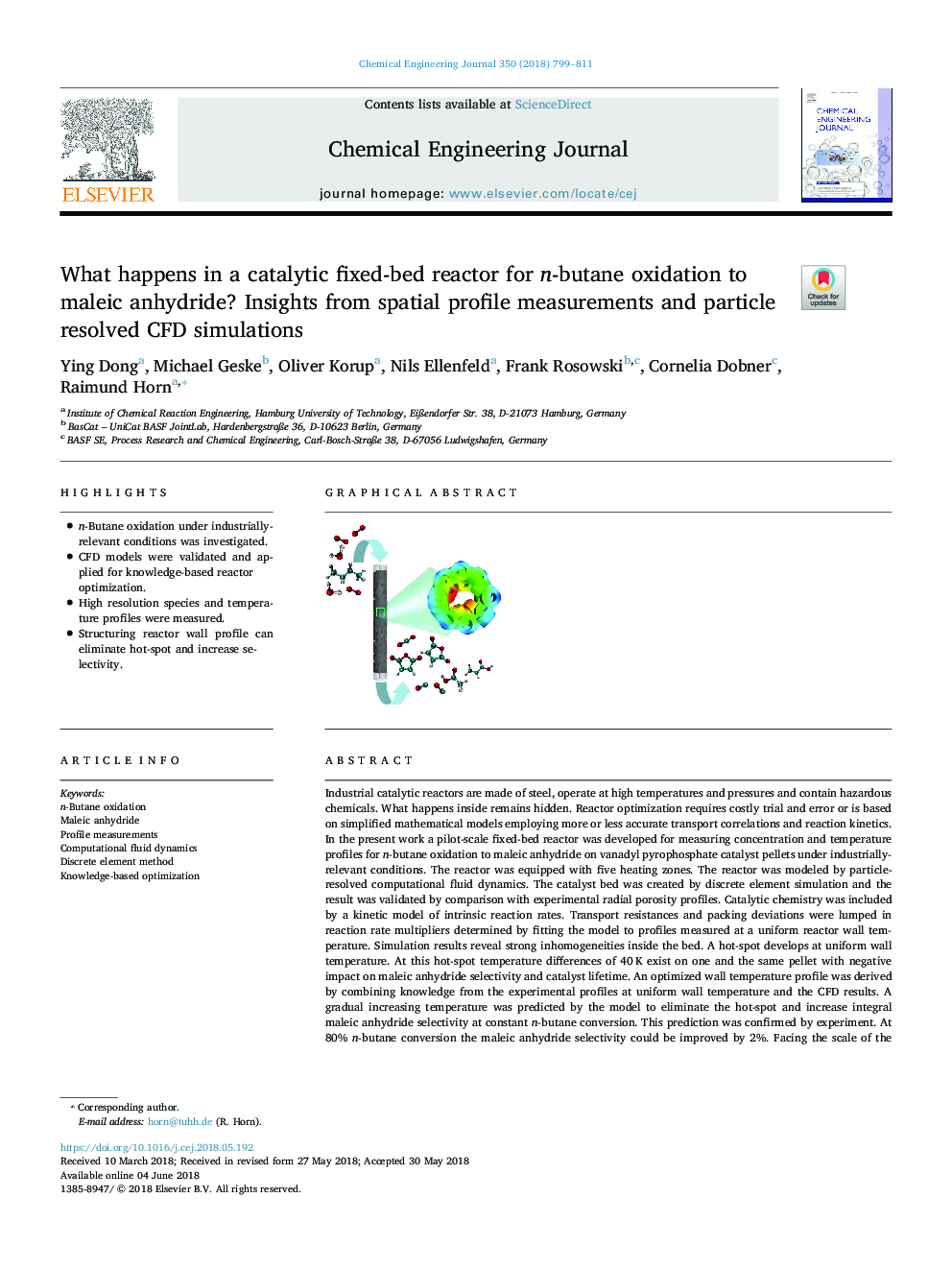 عکس صفحه اول مقاله: What happens in a catalytic fixed-bed reactor for n-butane oxidation to maleic anhydride? Insights from spatial profile measurements and particle resolved CFD simulations What happens in a catalytic fixed-bed reactor for n-butane oxidation to maleic anhydride? Insights from spatial profile measurements and particle resolved CFD simulations