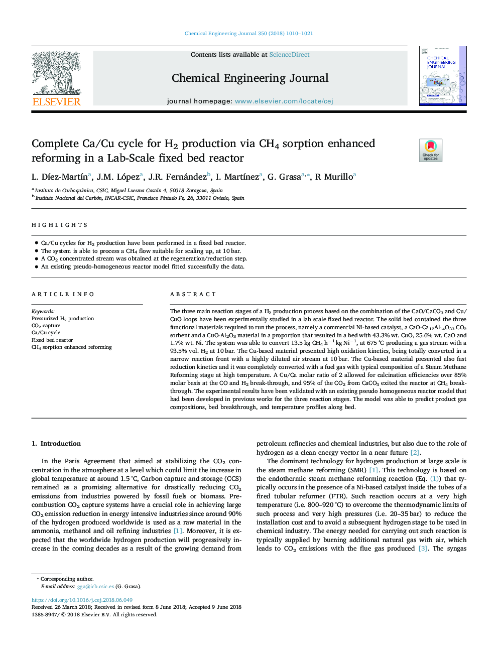 Complete Ca/Cu cycle for H2 production via CH4 sorption enhanced reforming in a Lab-Scale fixed bed reactor