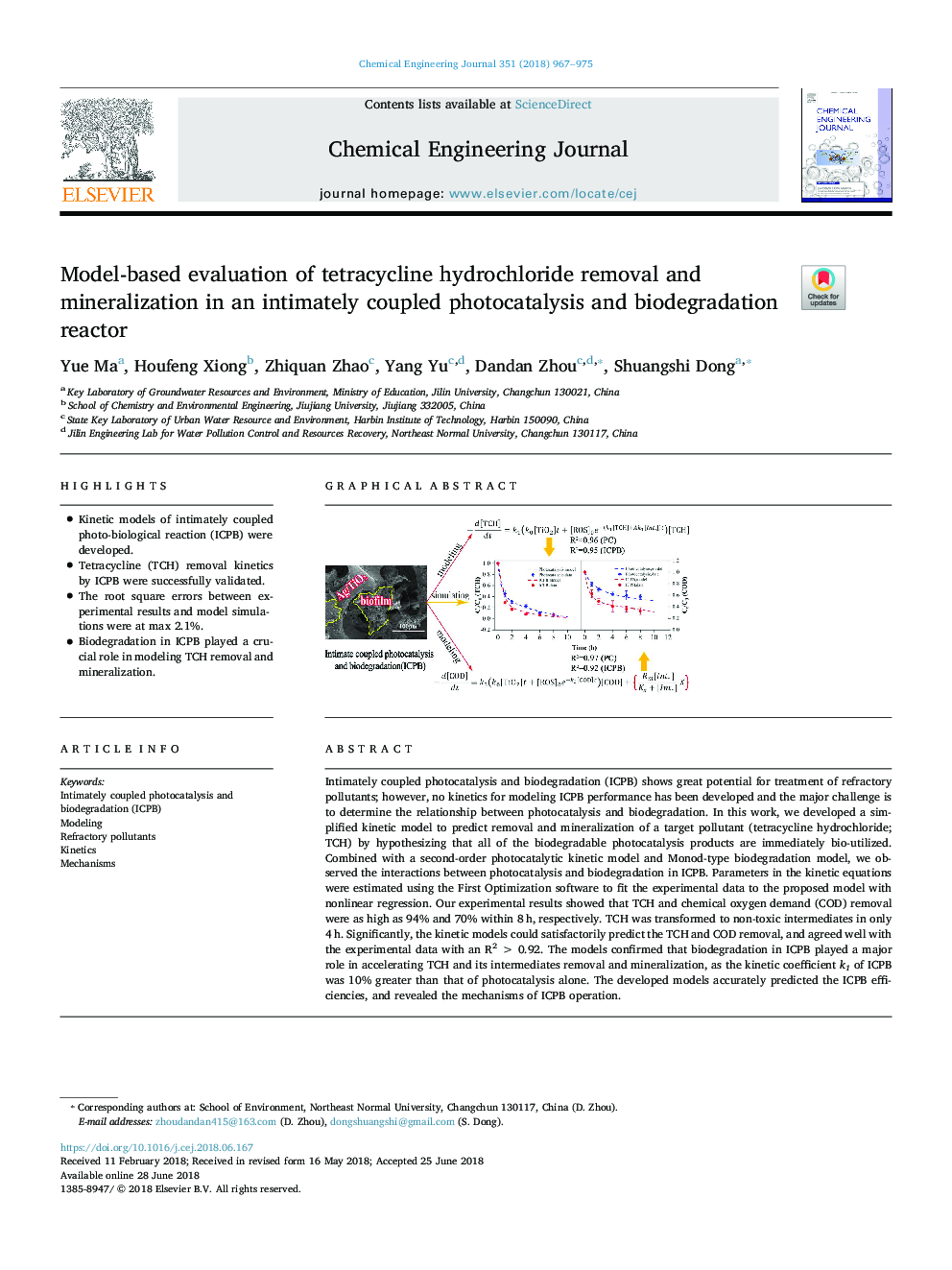 Model-based evaluation of tetracycline hydrochloride removal and mineralization in an intimately coupled photocatalysis and biodegradation reactor