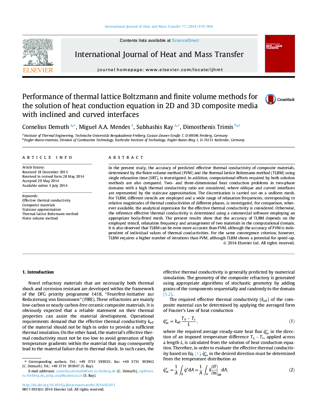 Performance of thermal lattice Boltzmann and finite volume methods for the solution of heat conduction equation in 2D and 3D composite media with inclined and curved interfaces