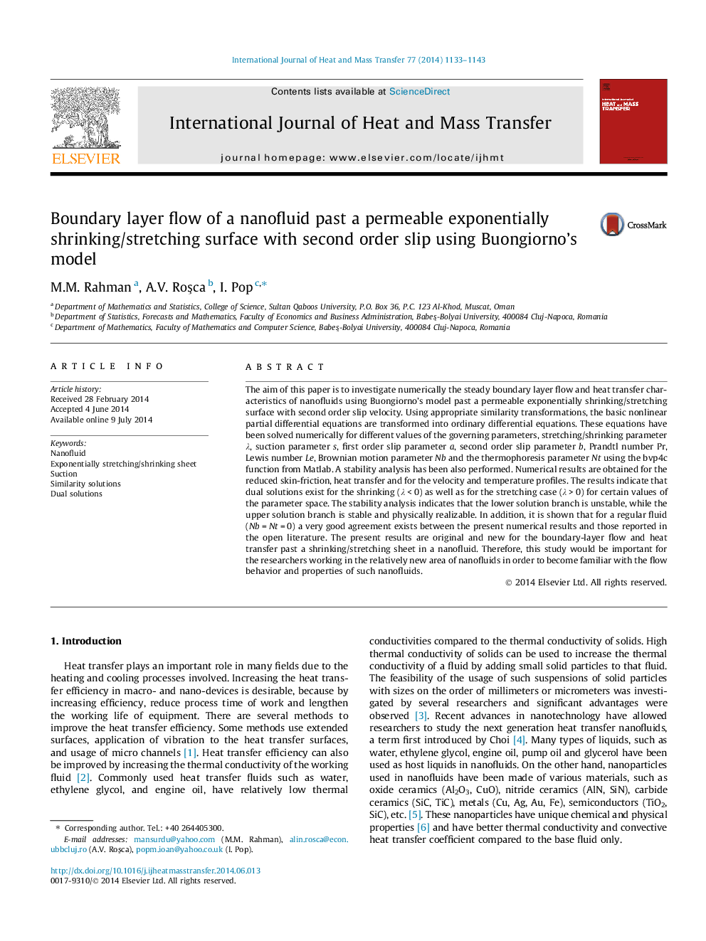 Boundary layer flow of a nanofluid past a permeable exponentially shrinking/stretching surface with second order slip using Buongiorno’s model