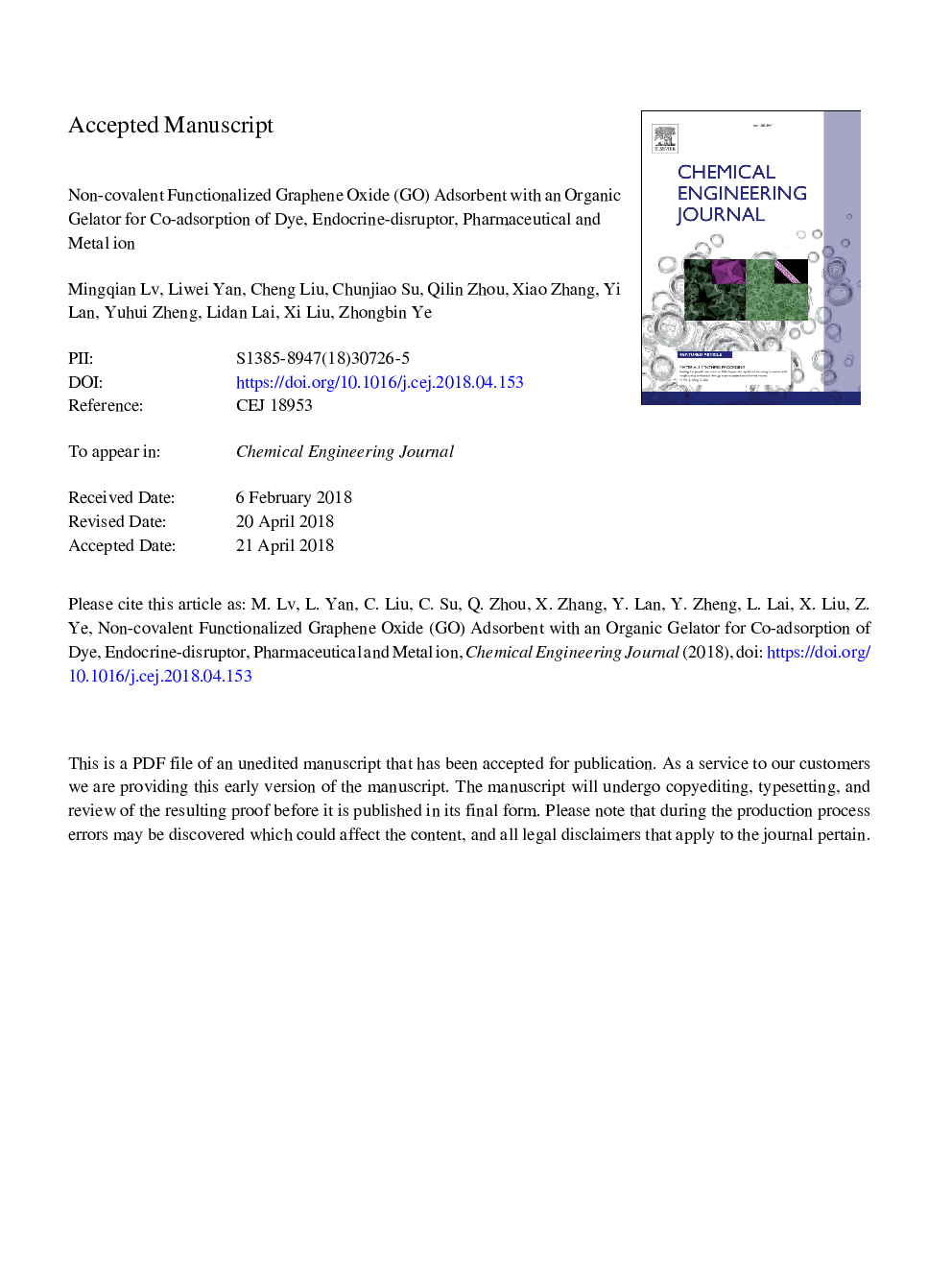 Non-covalent functionalized graphene oxide (GO) adsorbent with an organic gelator for co-adsorption of dye, endocrine-disruptor, pharmaceutical and metal ion