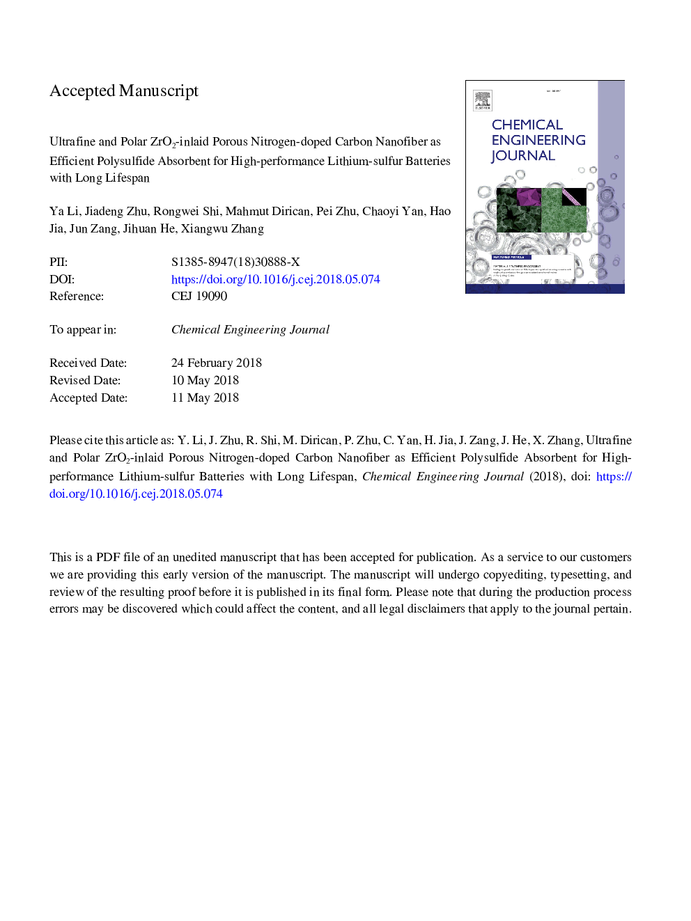 Ultrafine and polar ZrO2-inlaid porous nitrogen-doped carbon nanofiber as efficient polysulfide absorbent for high-performance lithium-sulfur batteries with long lifespan