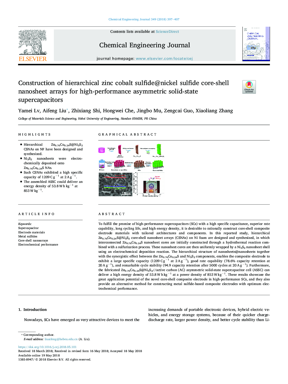 Construction of hierarchical zinc cobalt sulfide@nickel sulfide core-shell nanosheet arrays for high-performance asymmetric solid-state supercapacitors