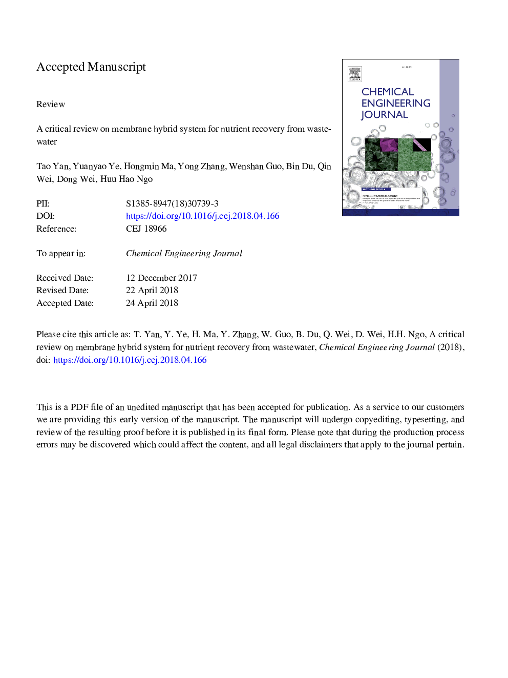 A critical review on membrane hybrid system for nutrient recovery from wastewater