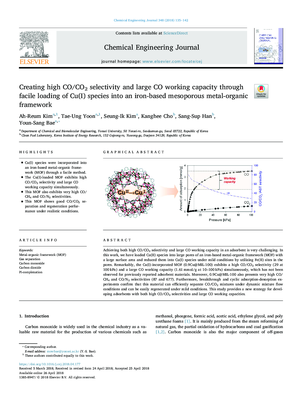 Creating high CO/CO2 selectivity and large CO working capacity through facile loading of Cu(I) species into an iron-based mesoporous metal-organic framework