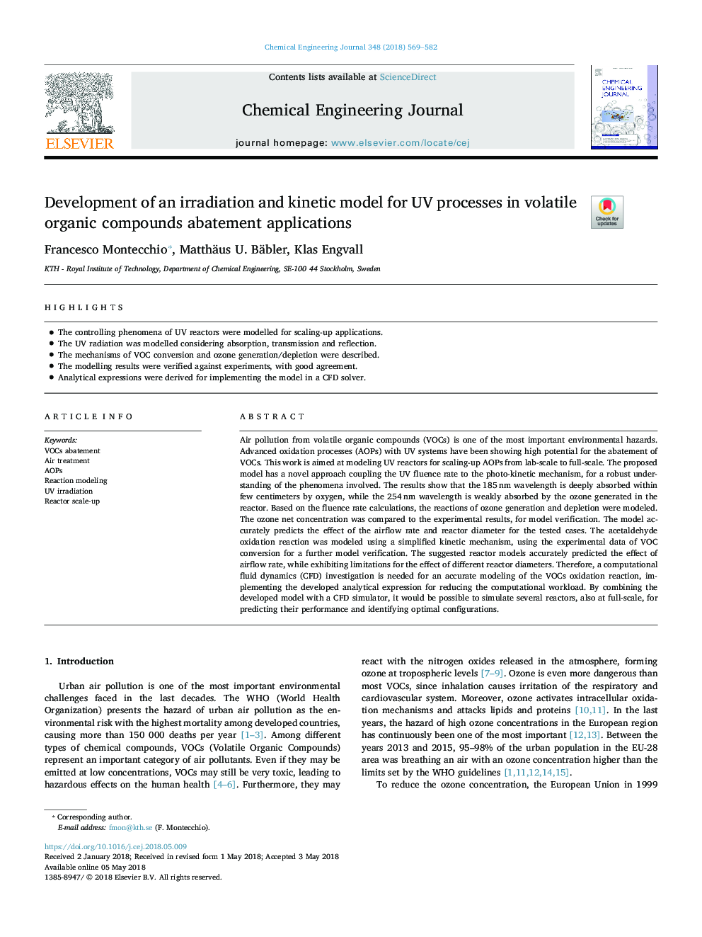 Development of an irradiation and kinetic model for UV processes in volatile organic compounds abatement applications