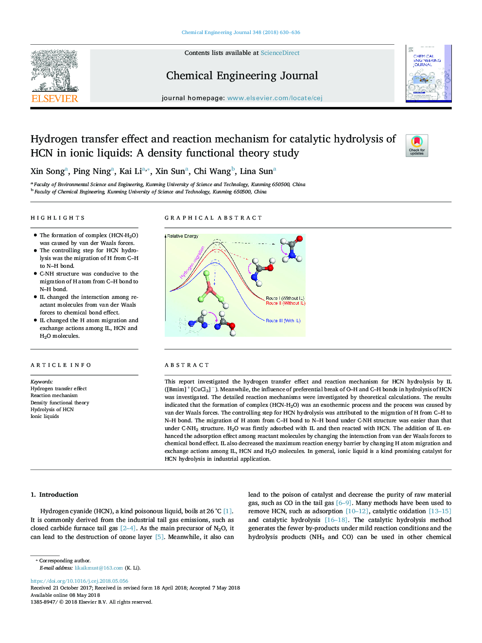 Hydrogen transfer effect and reaction mechanism for catalytic hydrolysis of HCN in ionic liquids: A density functional theory study