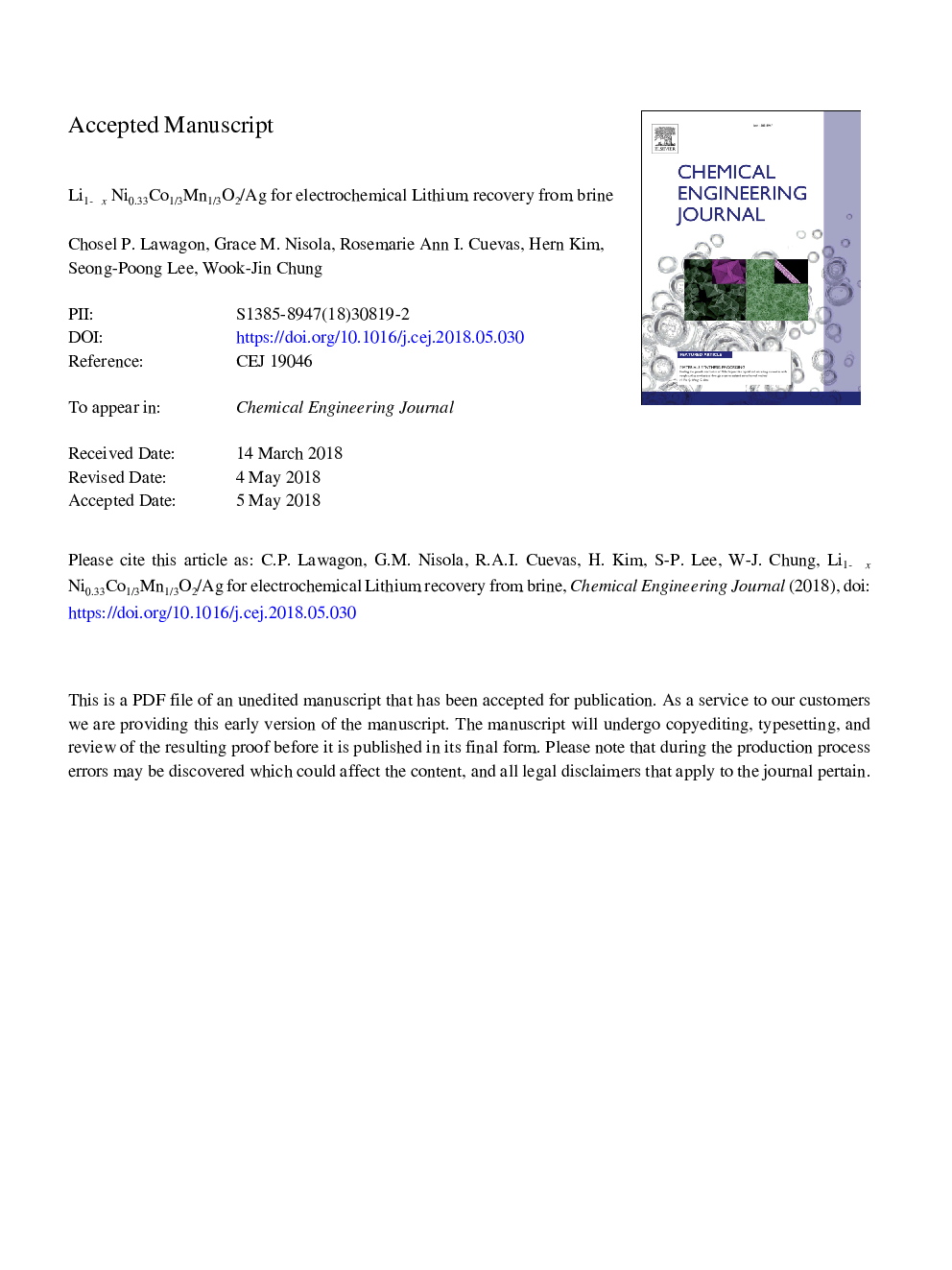 Li1âxNi0.33Co1/3Mn1/3O2/Ag for electrochemical lithium recovery from brine