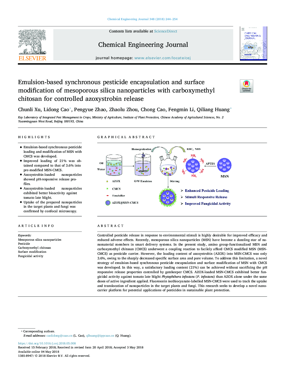 کپسوله سازی همزمان آفت کش های مبتنی بر امولسیون و اصلاح سطح نانوذرات سیلیکای مزوپور با کربوکسی متیل کیتوزان برای آزوسیستروبین کنترل شده 