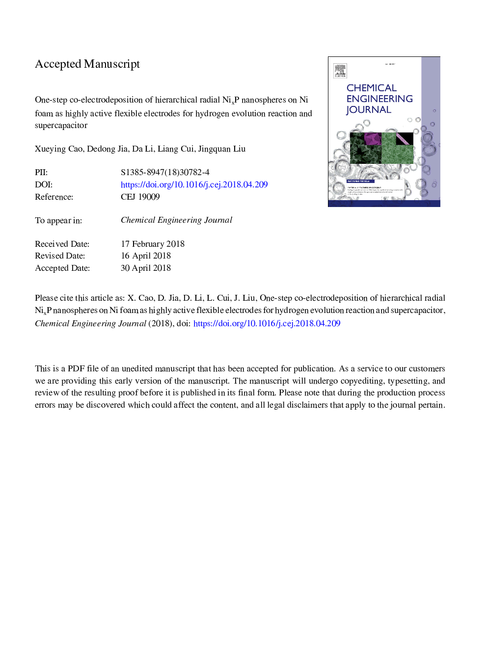 عکس صفحه اول مقاله: One-step co-electrodeposition of hierarchical radial NixP nanospheres on Ni foam as highly active flexible electrodes for hydrogen evolution reaction and supercapacitor One-step co-electrodeposition of hierarchical radial NixP nanospheres on Ni foam as highly active flexible electrodes for hydrogen evolution reaction and supercapacitor