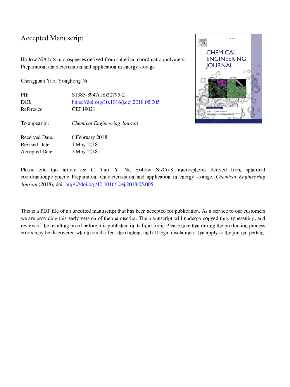 Hollow Ni/Co-S microspheres derived from spherical coordination polymers: Preparation, characterization and application in energy storage