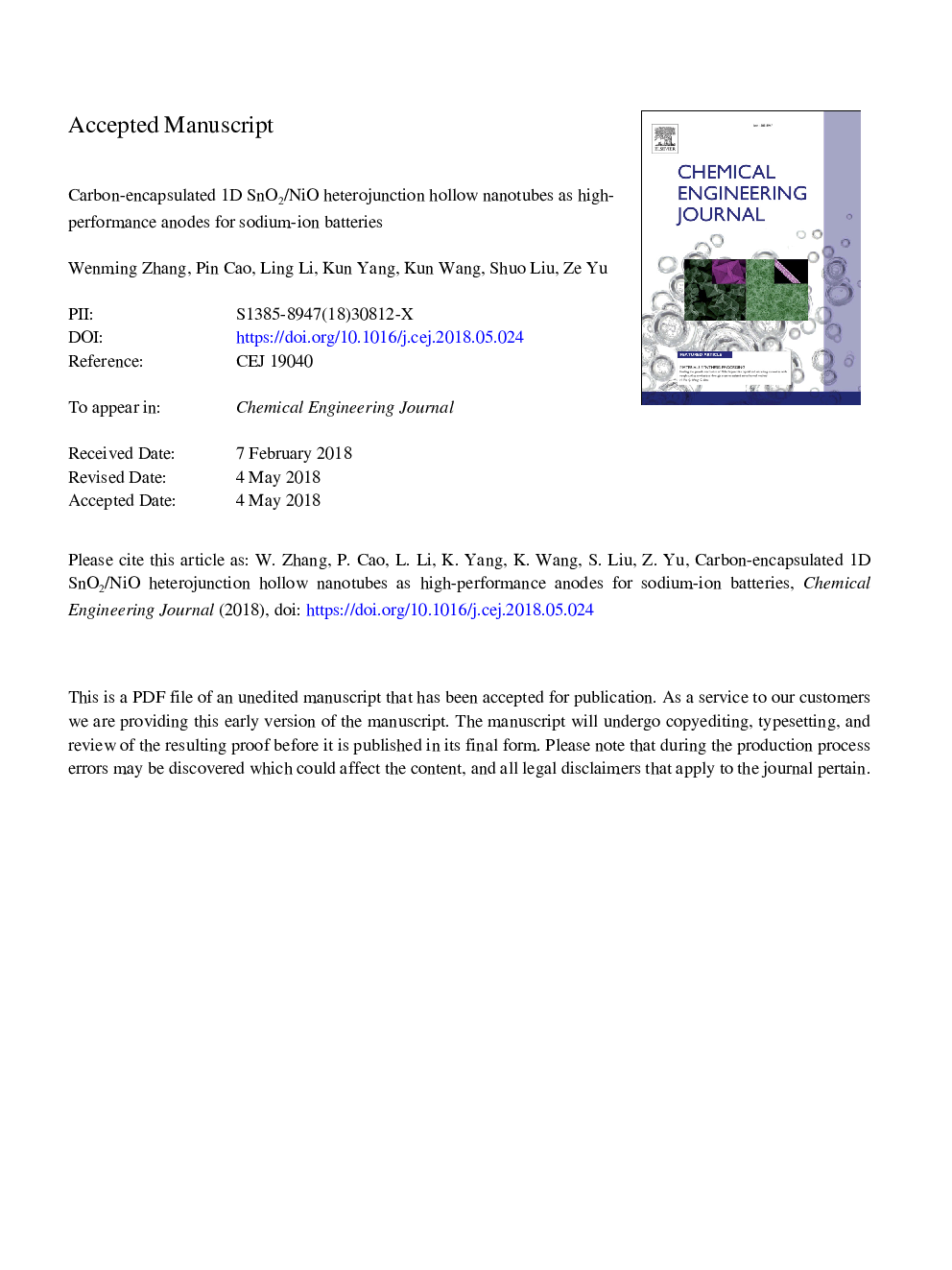 عکس صفحه اول مقاله: Carbon-encapsulated 1D SnO2/NiO heterojunction hollow nanotubes as high-performance anodes for sodium-ion batteries Carbon-encapsulated 1D SnO2/NiO heterojunction hollow nanotubes as high-performance anodes for sodium-ion batteries