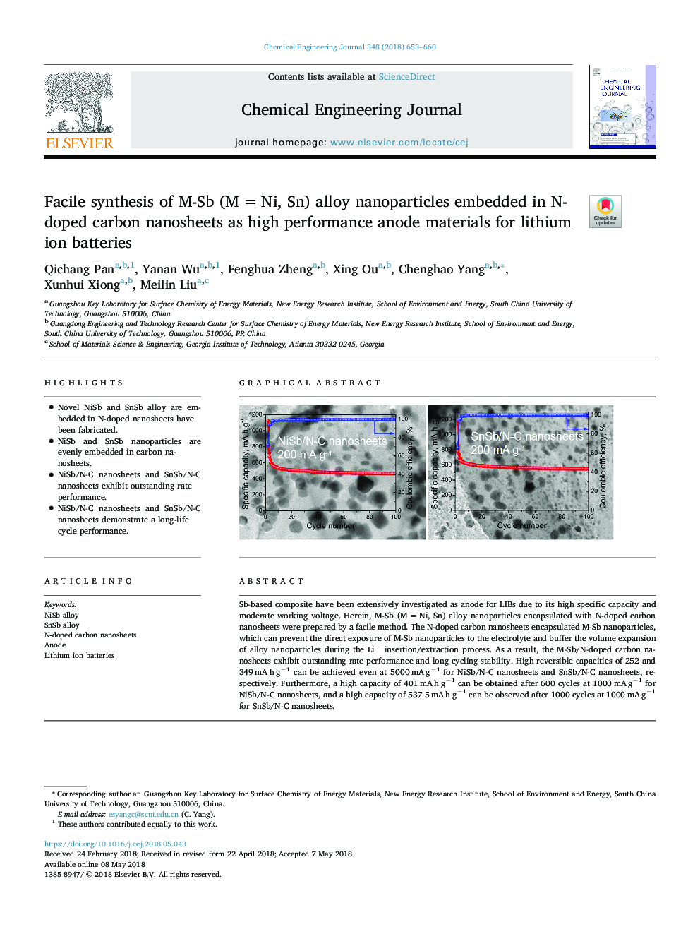 عکس صفحه اول مقاله: Facile synthesis of M-Sb (Mâ¯=â¯Ni, Sn) alloy nanoparticles embedded in N-doped carbon nanosheets as high performance anode materials for lithium ion batteries Facile synthesis of M-Sb (Mâ¯=â¯Ni, Sn) alloy nanoparticles embedded in N-doped carbon nanosheets as high performance anode materials for lithium ion batteries