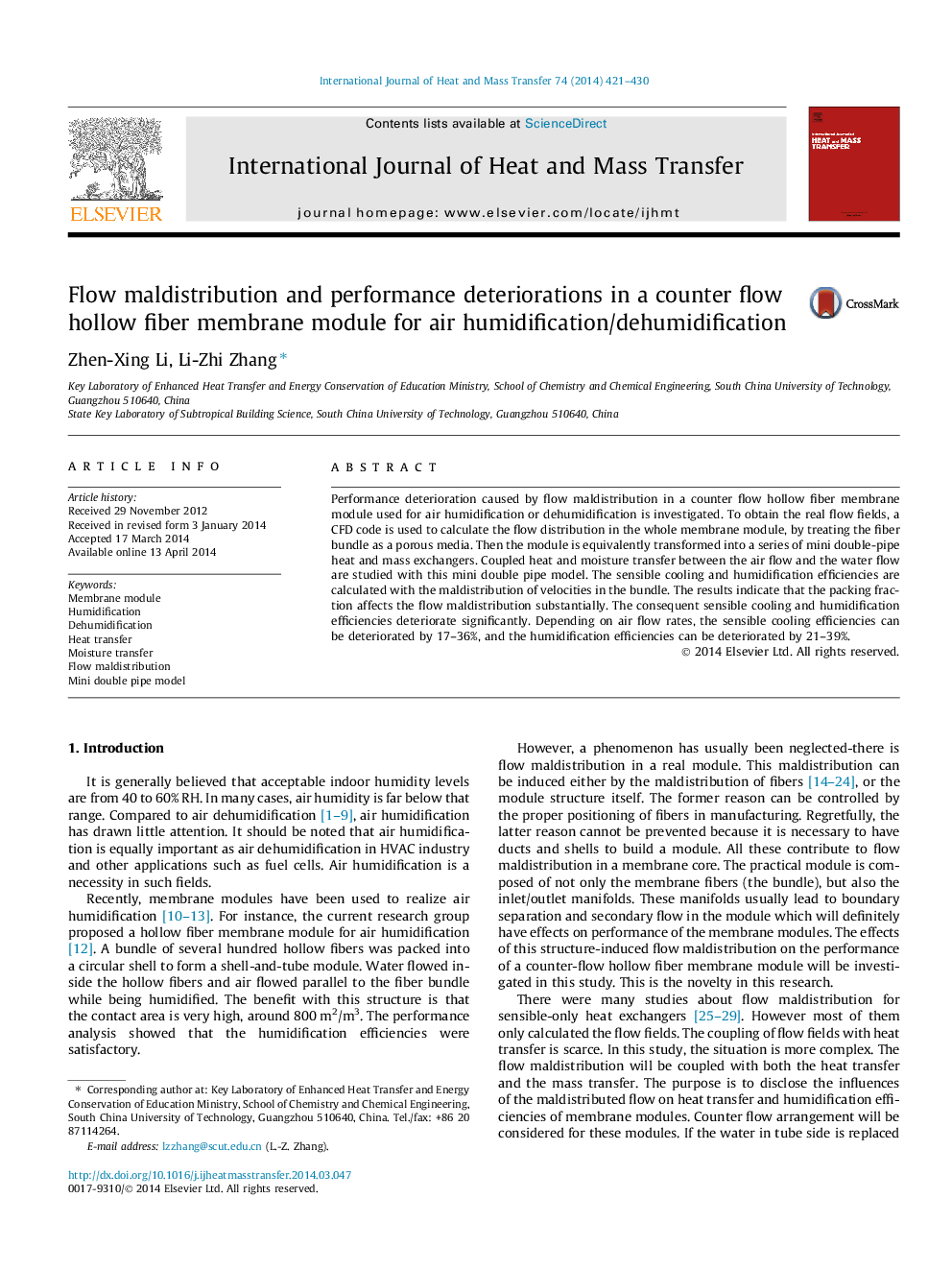 Flow maldistribution and performance deteriorations in a counter flow hollow fiber membrane module for air humidification/dehumidification