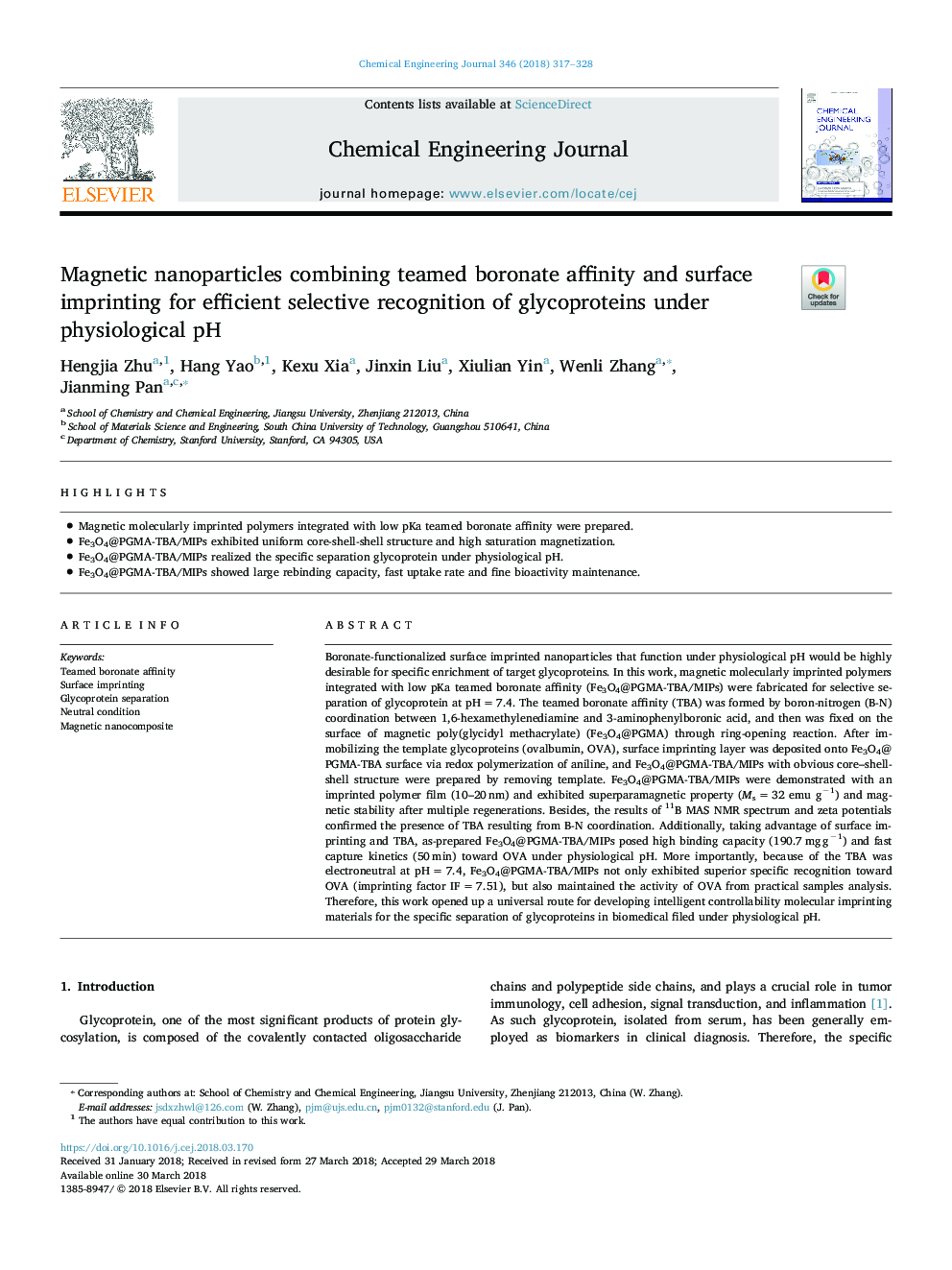 عکس صفحه اول مقاله: Magnetic nanoparticles combining teamed boronate affinity and surface imprinting for efficient selective recognition of glycoproteins under physiological pH Magnetic nanoparticles combining teamed boronate affinity and surface imprinting for efficient selective recognition of glycoproteins under physiological pH