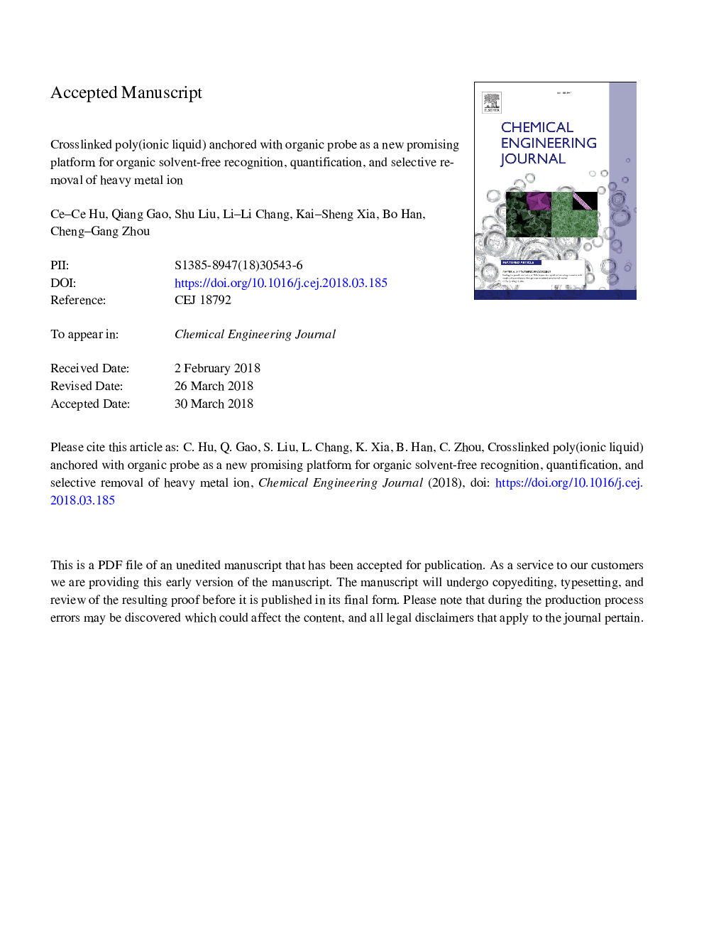 Crosslinked poly(ionic liquid) anchored with organic probe as a new promising platform for organic solvent-free recognition, quantification, and selective removal of heavy metal ion