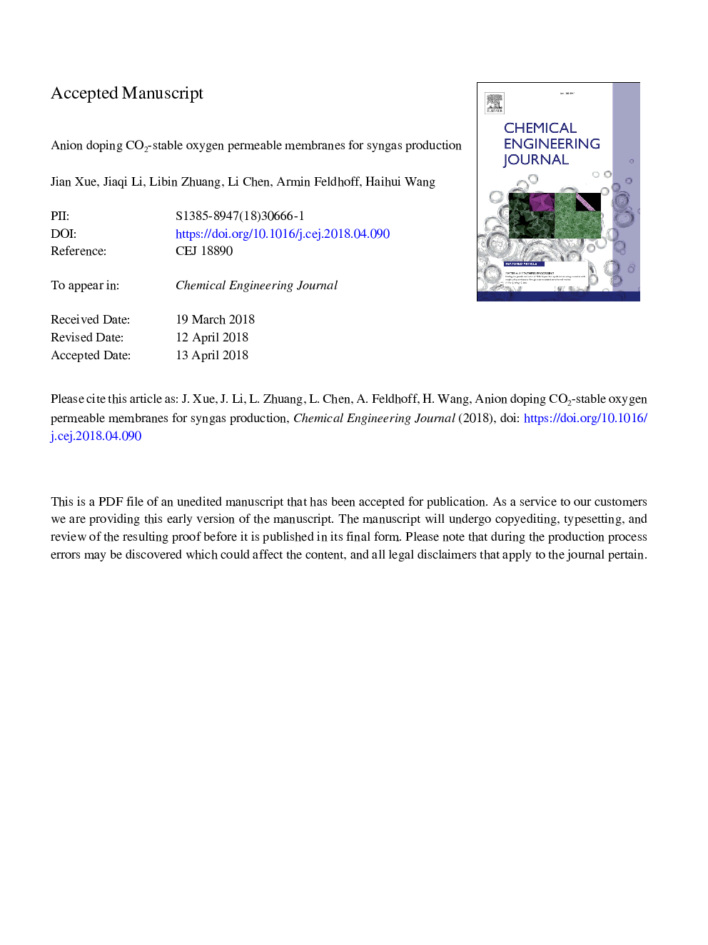 Anion doping CO2-stable oxygen permeable membranes for syngas production