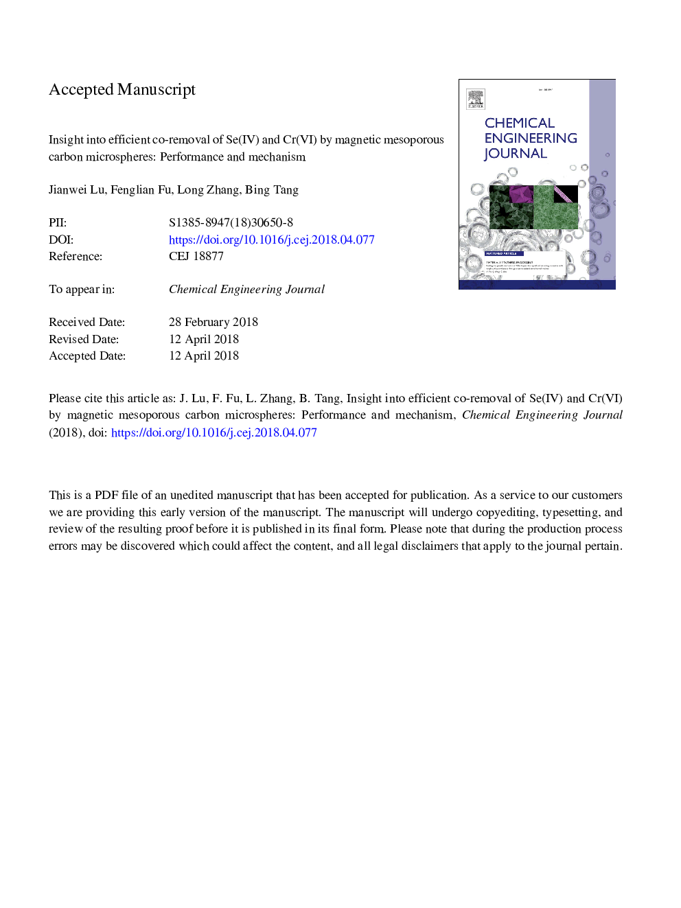 Insight into efficient co-removal of Se(IV) and Cr(VI) by magnetic mesoporous carbon microspheres: Performance and mechanism