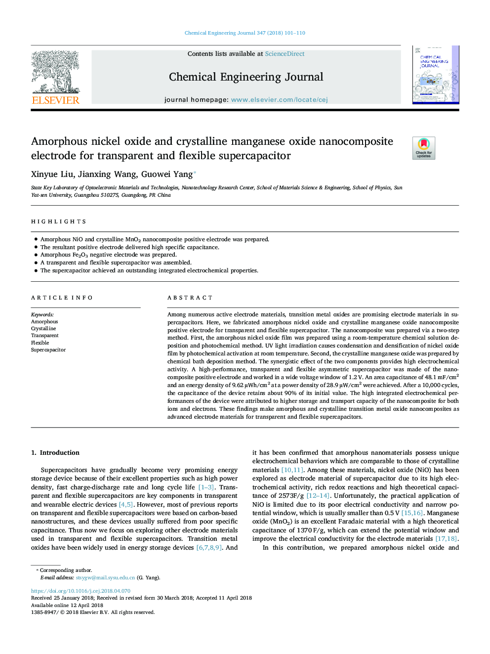 Amorphous nickel oxide and crystalline manganese oxide nanocomposite electrode for transparent and flexible supercapacitor